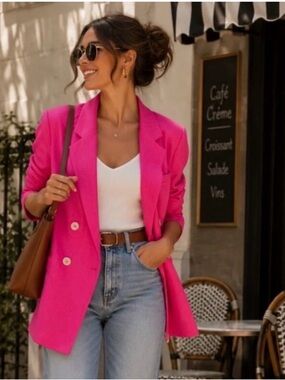 Anthropologie Maeve Bold Fuchsia Double-Breasted Blazer Jacket Relaxed Fit